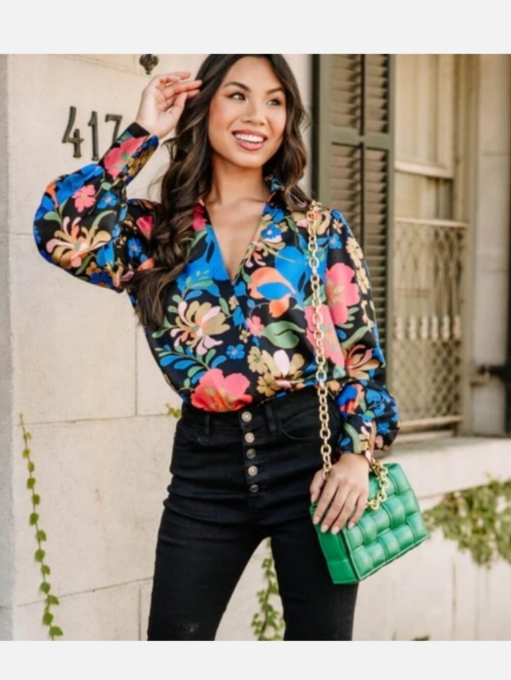 entro Black Floral Long-Sleeve Bodysuit with Blue Pink & Red Flowers